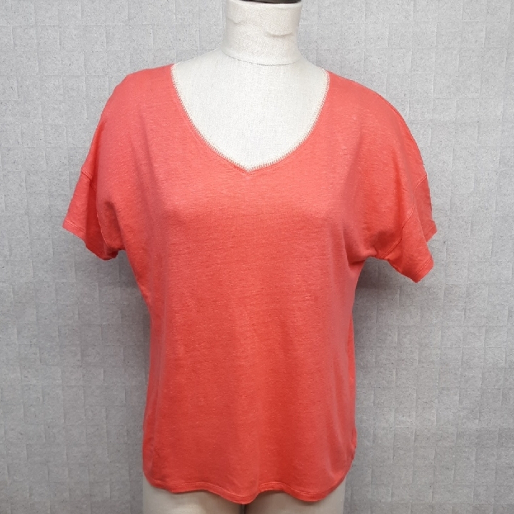 Chico's Vibrant Coral V-Neck Short Sleeve Linen Top
